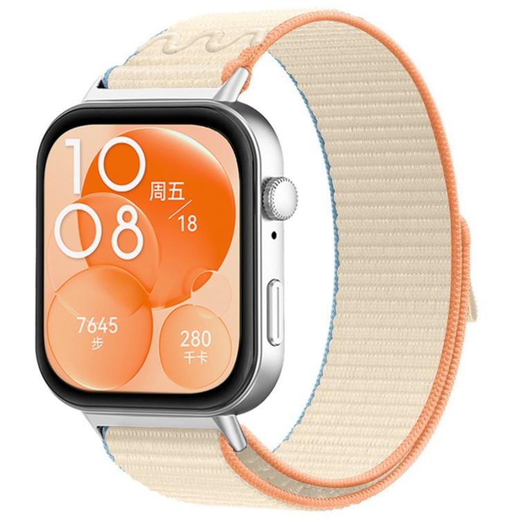 Cream woven watch band with coral and pale blue trim, shown on a smartwatch