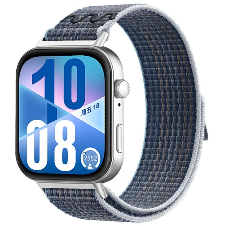 Woven watch band in dark blue and gray with pale edging, shown on a smartwatch