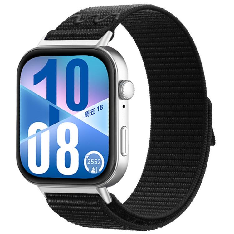 Black woven hook-and-loop watch band shown on a smartwatch