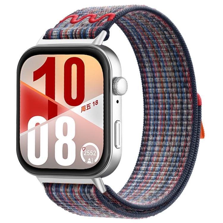 Woven watch band in navy, gray, and red with a hook-and-loop closure