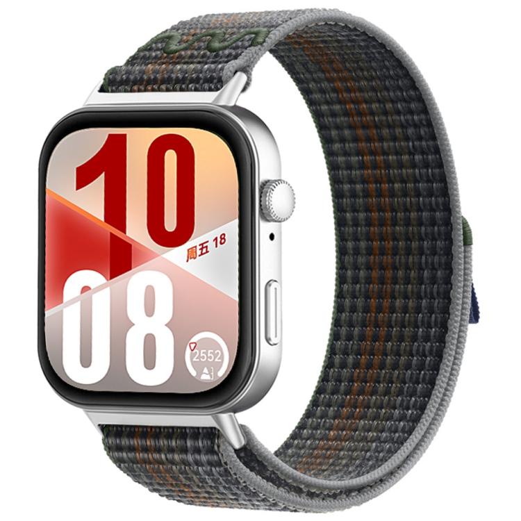 Woven watch band in charcoal gray with subtle green and orange threads
