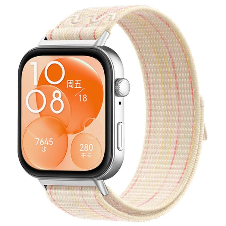 Cream woven watch band with fine pink stripes
