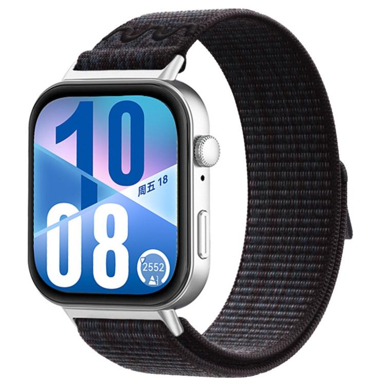 Black woven watch band with a hook-and-loop closure