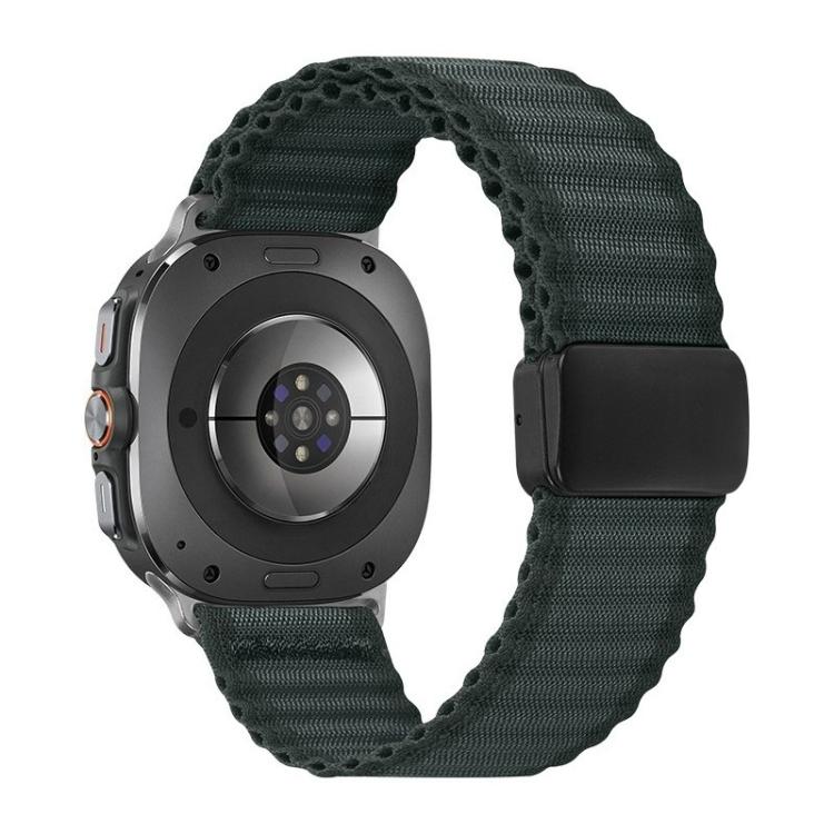 Dark gray braided nylon watch band with magnetic buckle, shown on a smartwatch