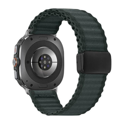 Dark gray braided nylon watch band with magnetic buckle, shown on a smartwatch