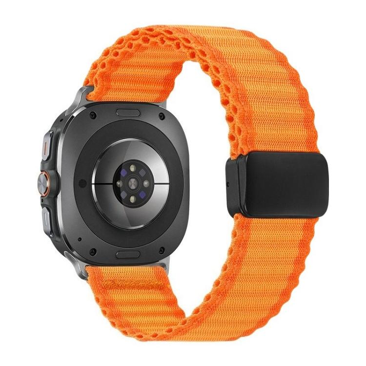 Orange braided nylon watch band with magnetic buckle, shown on a smartwatch