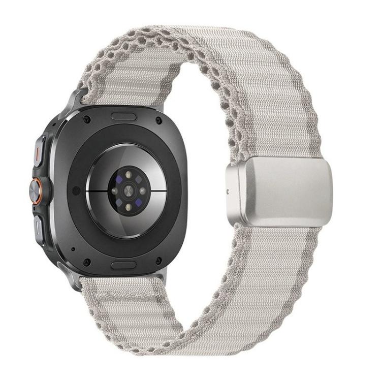 Light gray braided nylon watch band with matching magnetic buckle, shown on a smartwatch