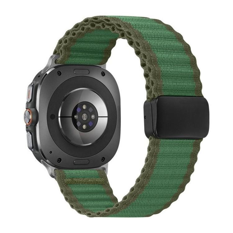 Green braided nylon watch band with black magnetic buckle, shown on a smartwatch