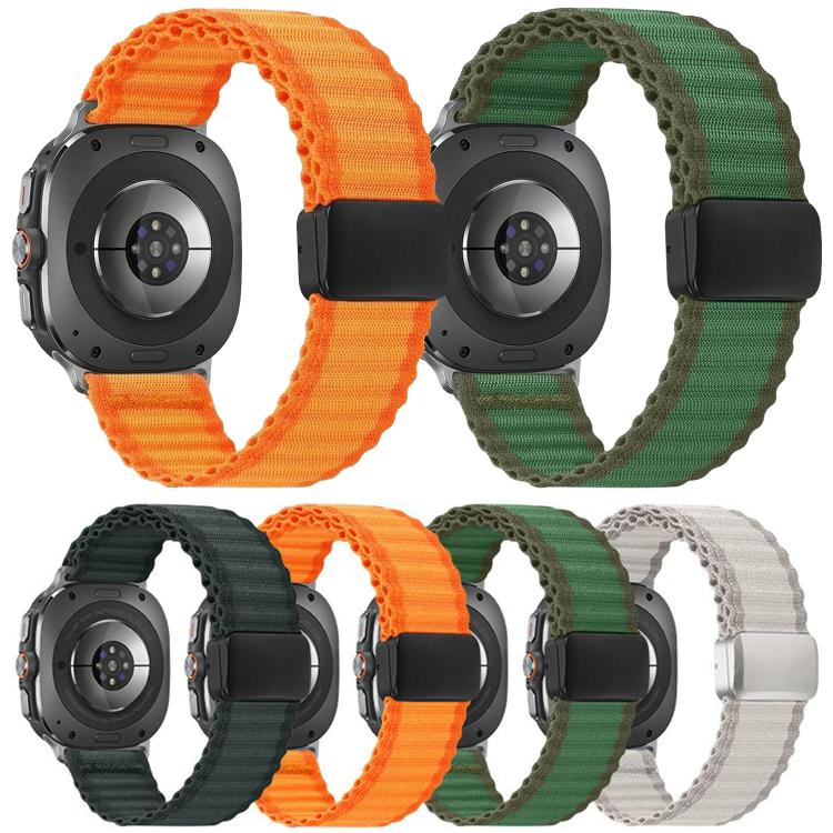 Braided nylon watch bands in orange, green, dark gray, and light gray, shown on smartwatches