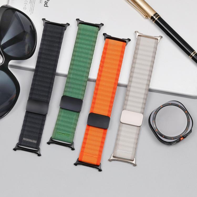 Braided nylon watch bands in dark gray, green, orange, and light gray with magnetic buckles