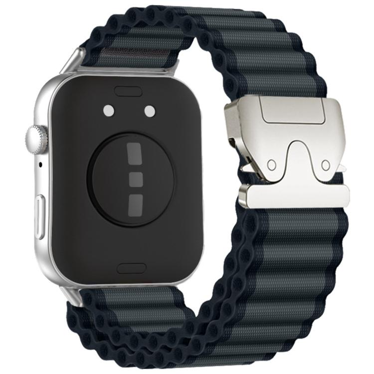 Dark gray ribbed nylon smartwatch band with silver parachute-style buckle