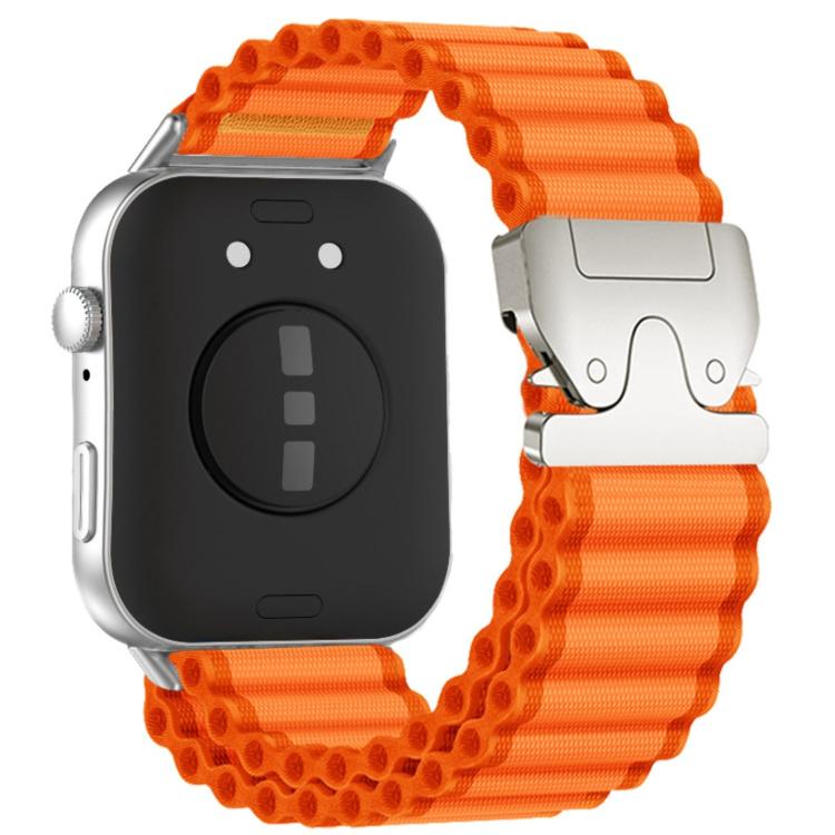 Orange ribbed nylon smartwatch band with silver parachute-style buckle
