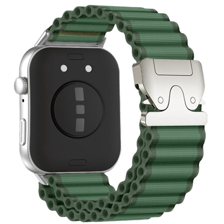 Green ribbed nylon smartwatch band with silver parachute-style buckle