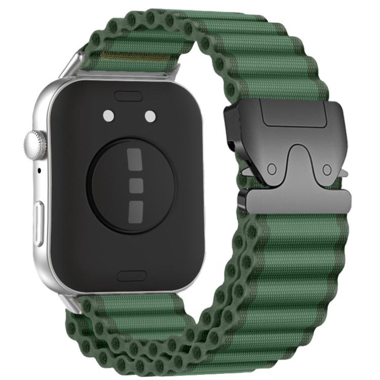 Green ribbed nylon smartwatch band with black parachute-style buckle