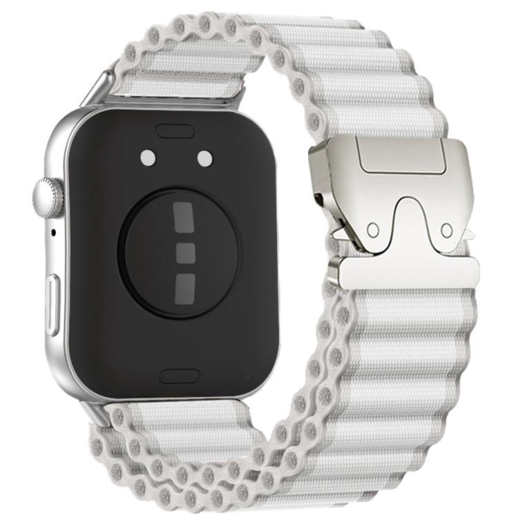 White ribbed nylon smartwatch band with silver parachute-style buckle