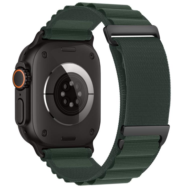 Apple Watch with dark green two-section nylon loop band and black hardware
