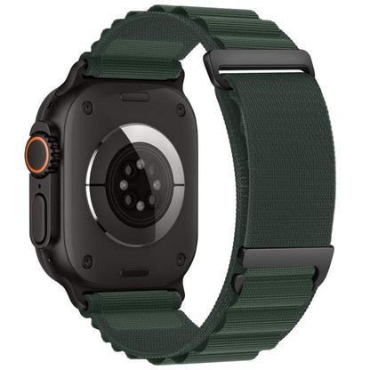 Apple Watch with dark green two-section nylon loop band and black hardware