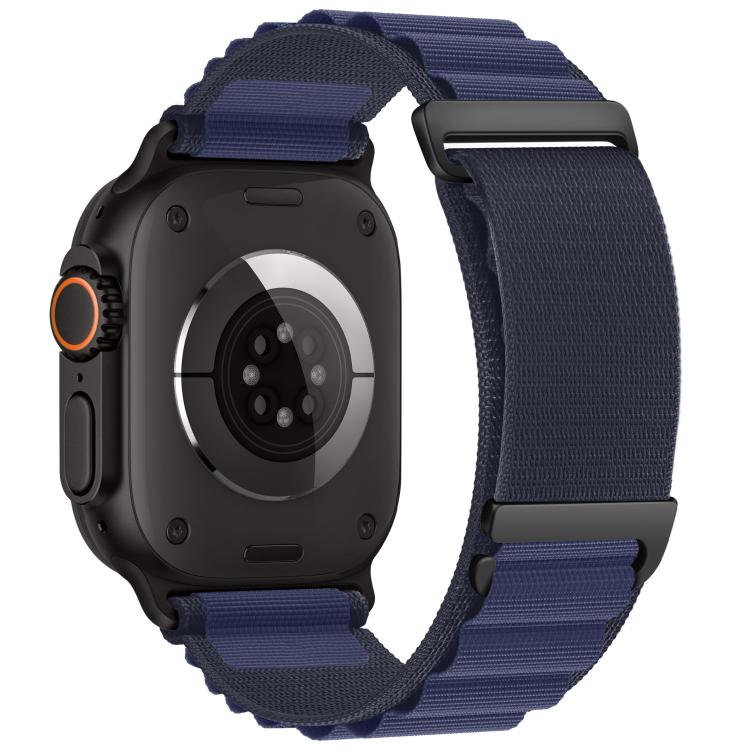 Apple Watch with navy two-section nylon loop band and black hardware