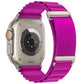 Apple Watch with vivid magenta two-section nylon loop band and silver hardware