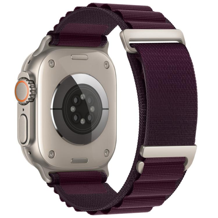 Apple Watch nylon loop band in deep burgundy with a two-section design and metal buckle