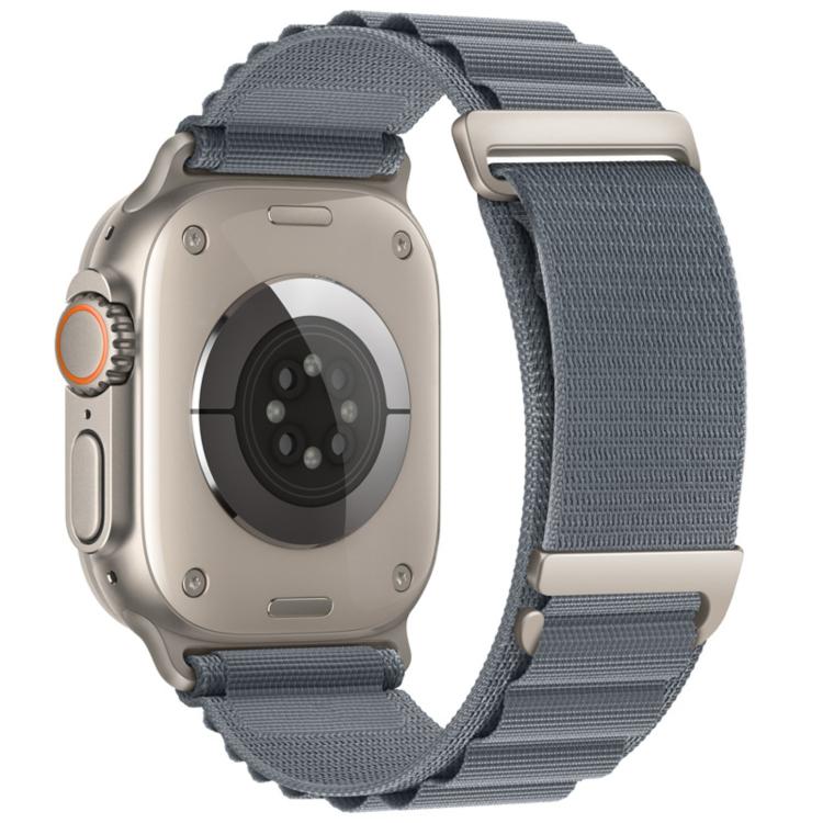 Apple Watch nylon loop band in slate gray with a two-section design and metal buckle