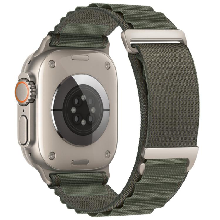 Apple Watch nylon loop band in olive green with a two-section design and metal buckle