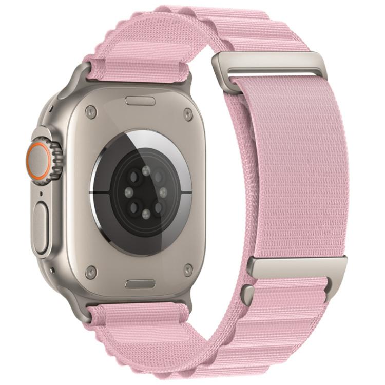 Apple Watch nylon loop band in light pink with a two-section design and metal buckle