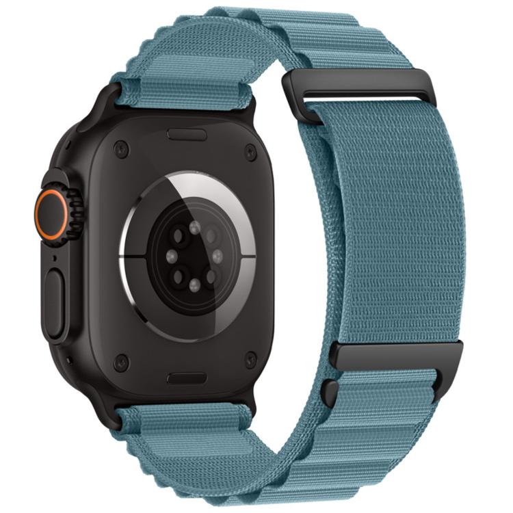 Apple Watch nylon loop band in blue gray with black hardware and a two-section design