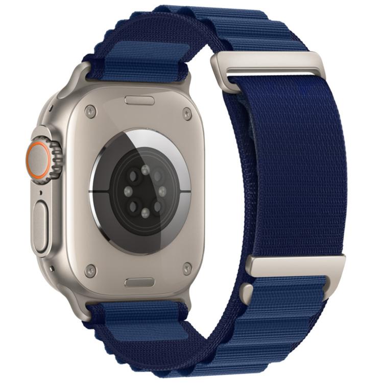 Apple Watch nylon loop band in deep navy blue with a two-section design and metal buckle