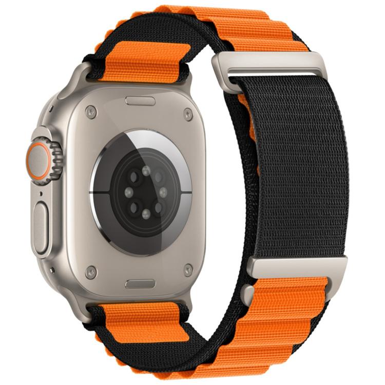 Two-section nylon watch band in black and orange with metal buckles