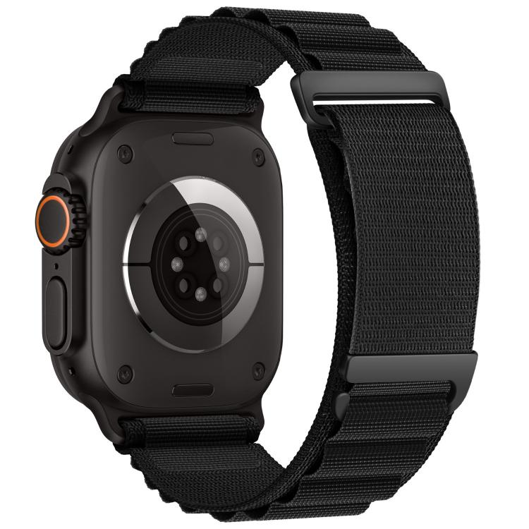 Black nylon watch band with two-section loop and matching buckles