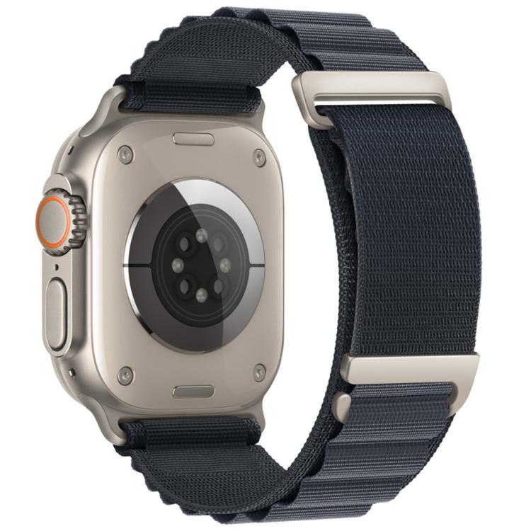 Black nylon Apple Watch band with two-section loop and metal buckles