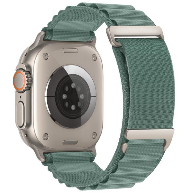 Sage green nylon Apple Watch band with two-section loop and metal buckles