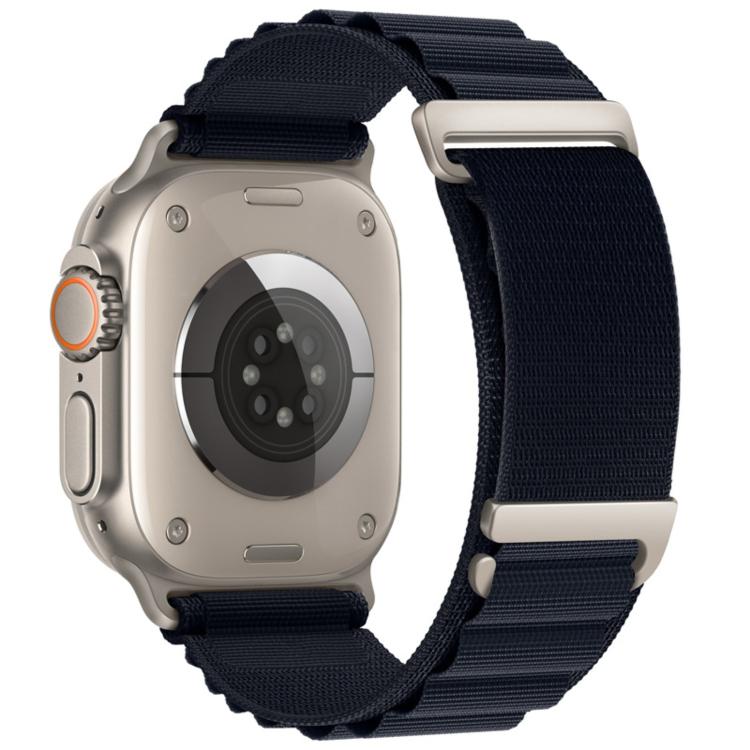 Dark navy nylon Apple Watch band with two-section loop and metal buckles