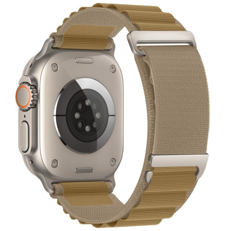 Two-section nylon watch band in tan with metal connectors, shown on a smartwatch