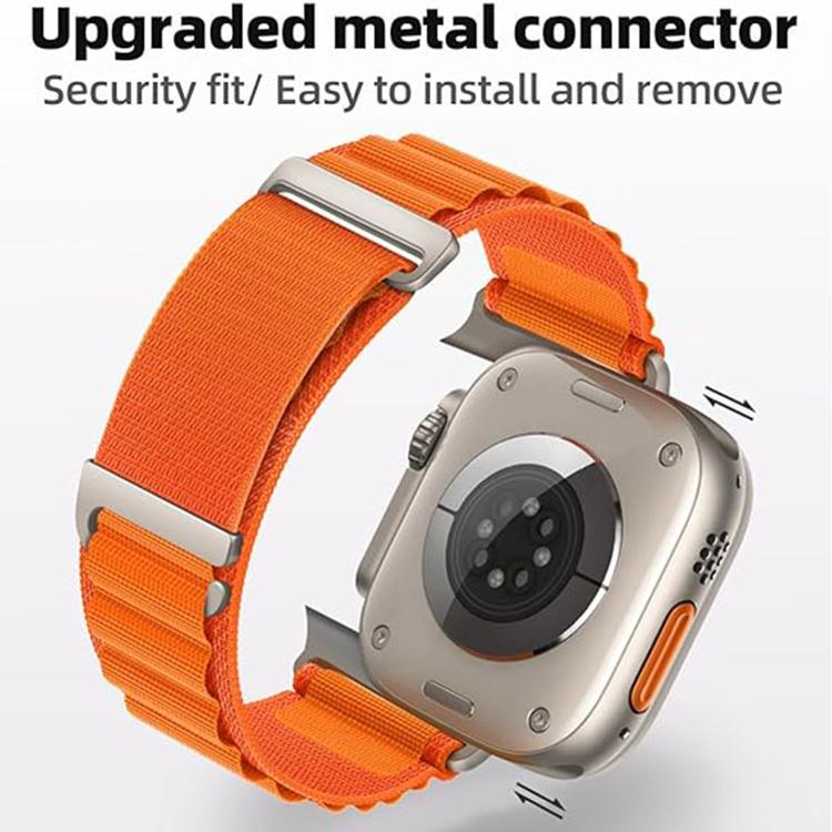 Orange nylon watch band with metal connectors shown detached from the watch