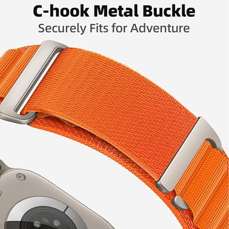Close-up of orange nylon watch band and metal C-hook buckle
