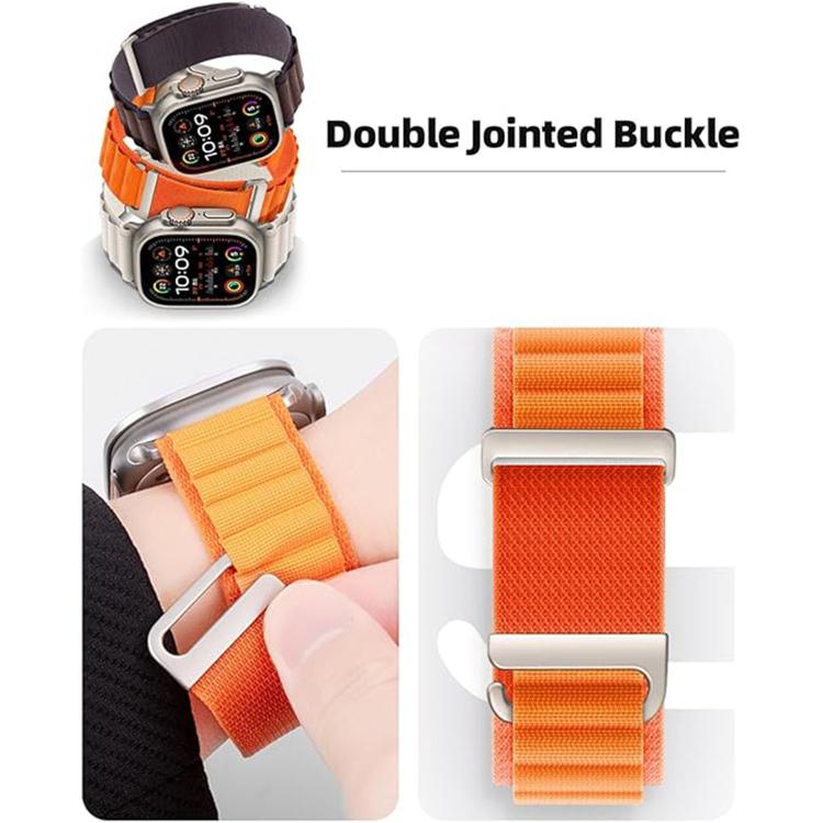 Orange nylon watch band with double-jointed buckle shown in use and close-up