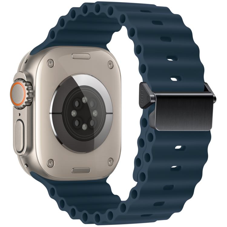 Dark blue Ocean silicone Apple Watch band with magnetic buckle, shown on a watch