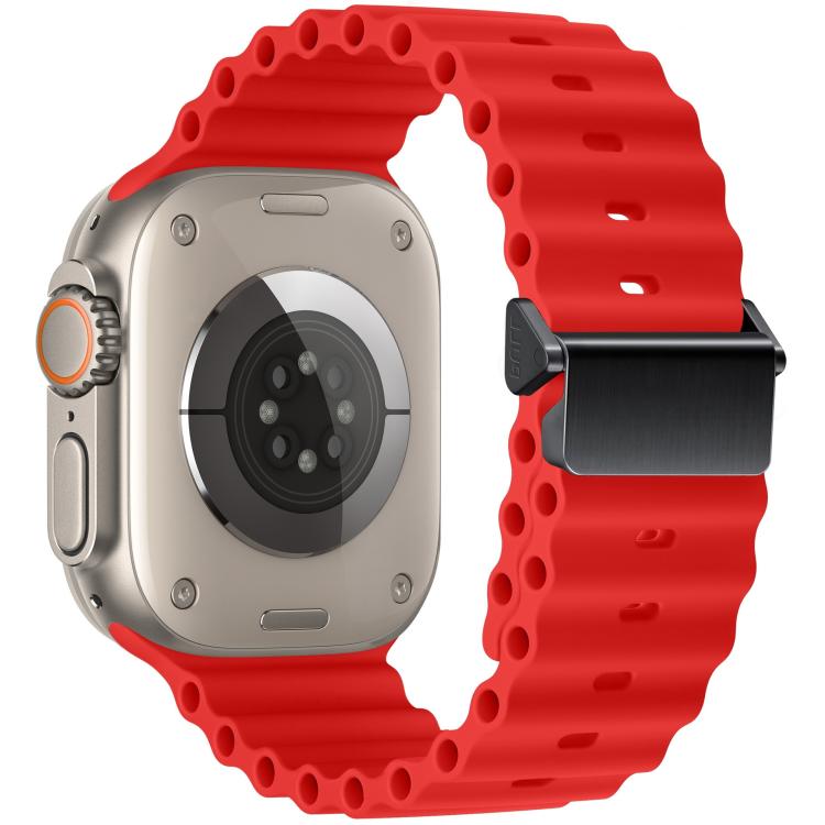 Red Ocean silicone Apple Watch band with magnetic buckle, shown on a watch