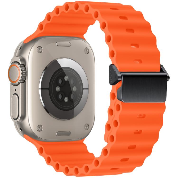 Orange Ocean silicone Apple Watch band with magnetic buckle, shown on a watch