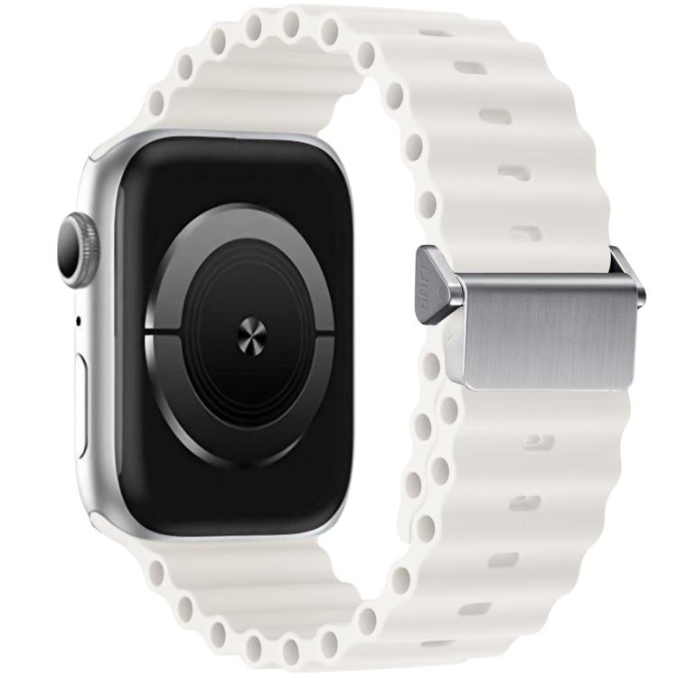 White silicone watch band with perforated links and magnetic metal buckle