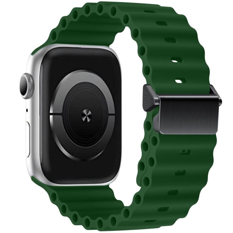 Green silicone watch band with perforated links and magnetic metal buckle