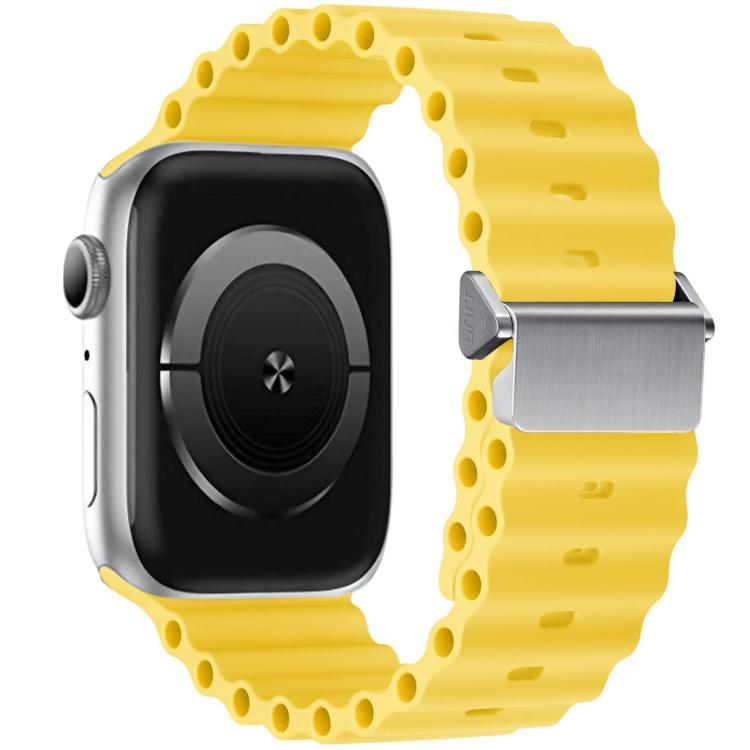 Yellow silicone watch band with perforated links and magnetic metal buckle