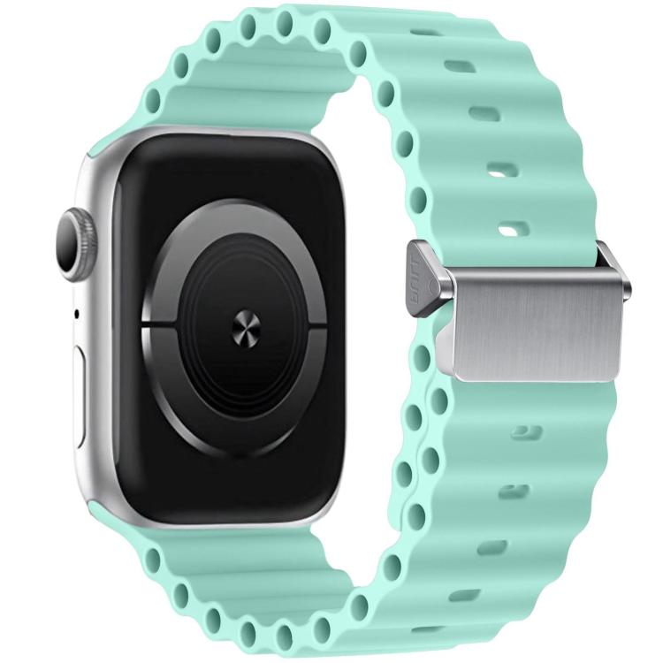 Pale mint silicone watch band with perforated links and magnetic metal buckle