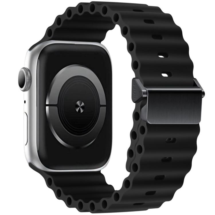 Black silicone watch band with perforated links and magnetic metal buckle
