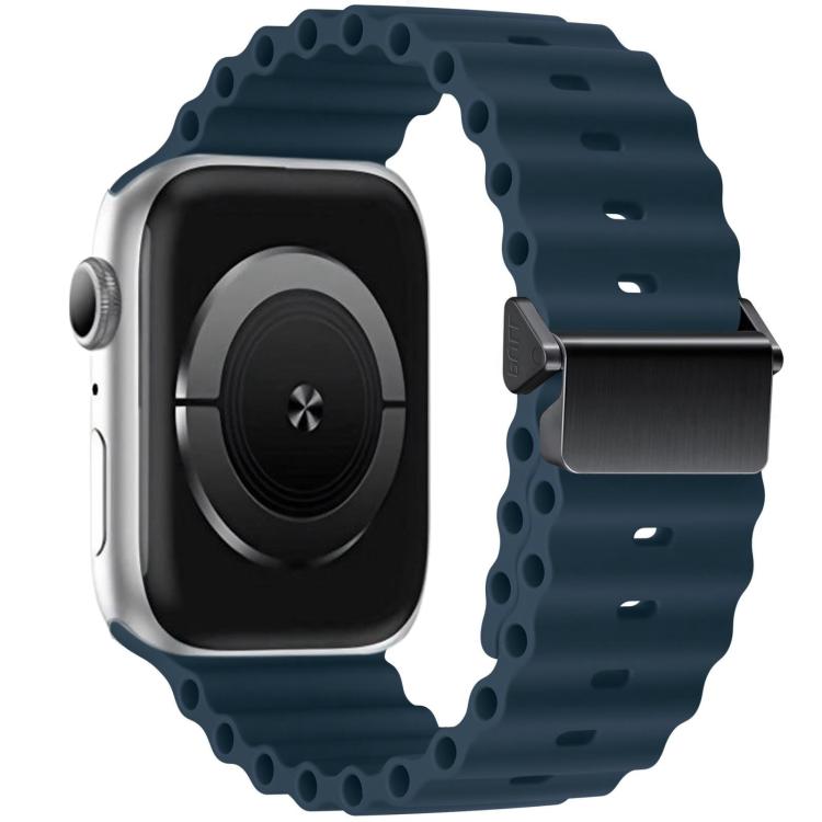 Dark blue silicone watch band with perforated links and magnetic metal buckle