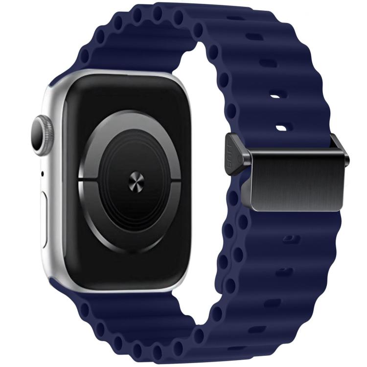 Navy Ocean silicone Apple Watch band with magnetic buckle, shown on a watch face