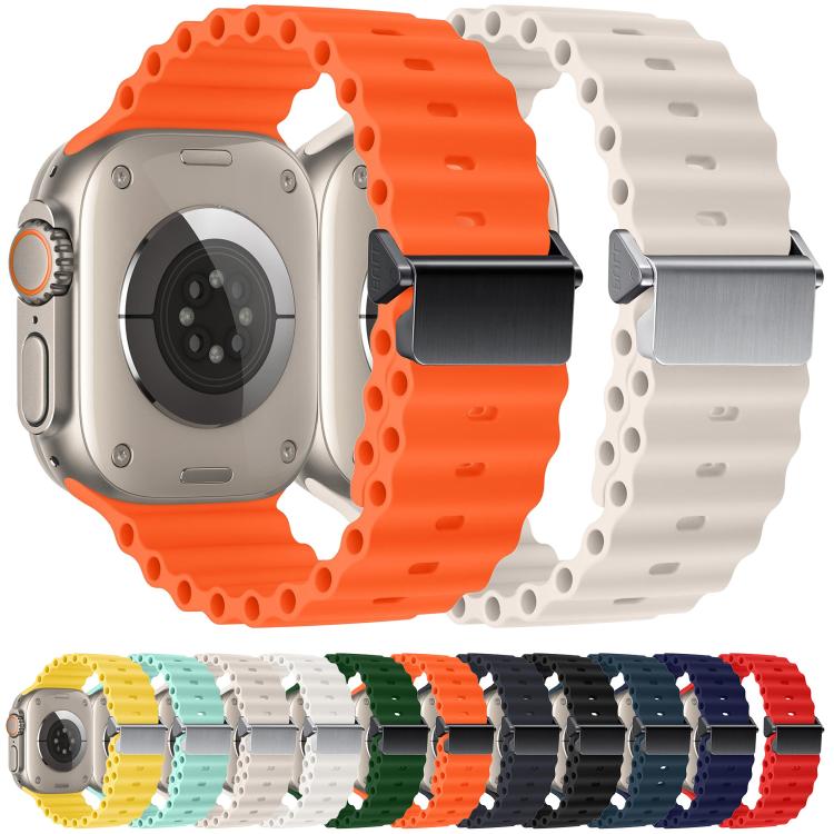 Orange and off-white silicone watch bands with magnetic buckles, shown in multiple colors