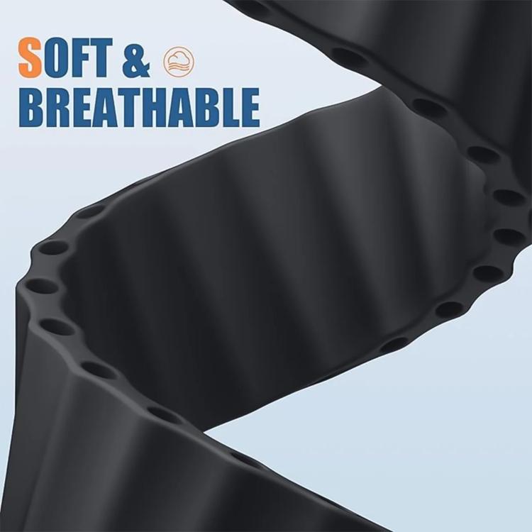 Close-up of a black silicone watch band with a smooth surface and perforated edges